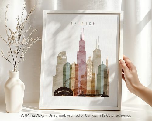 Art print featuring a stylized cityscape of Chicago with prominent buildings and a Ferris wheel.