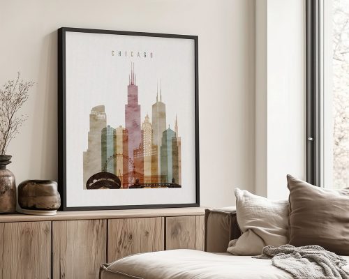 Art print of Chicago skyline featuring various skyscrapers and a bridge.