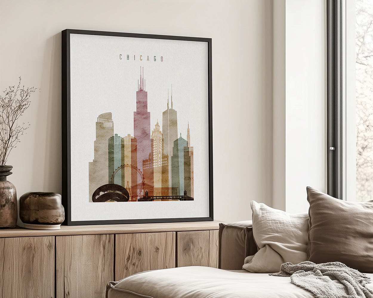 Art print of Chicago skyline featuring various skyscrapers and a bridge.