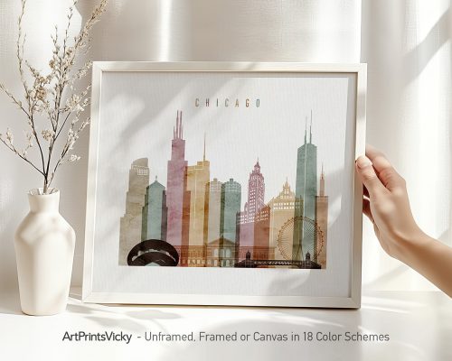 Art print of a stylized Chicago skyline featuring notable buildings and landmarks.