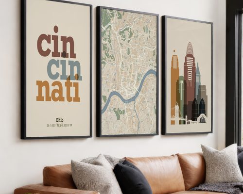 Cincinnati Wall Art Set of 3 Prints, Map, Skyline