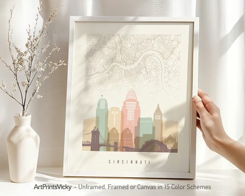Framed map of Cincinnati featuring a stylized skyline and street layout in soft colors.