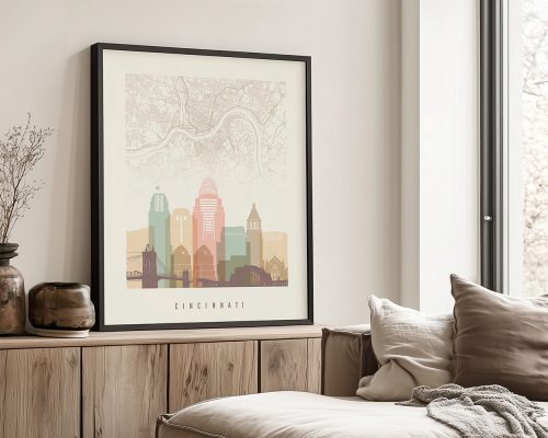 Art print of a map of Cincinnati featuring a skyline illustration in soft colors.