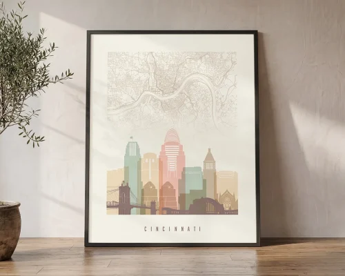 Cincinnati Map Wall Art Pastel Skyline Print | ArtPrintsVicky