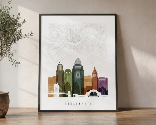 Cincinnati Map Wall Art Vibrant Watercolor Print | ArtPrintsVicky