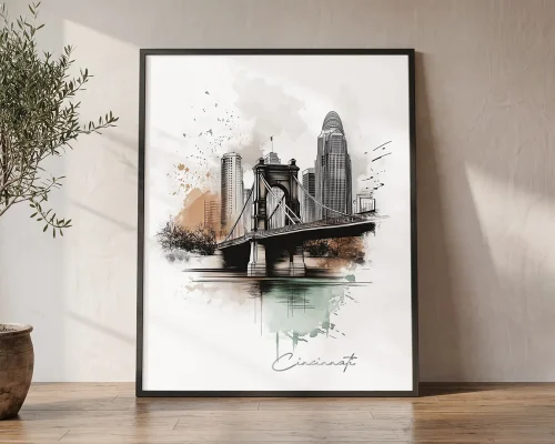 Cincinnati Skyline Drawing Wall Art Print | ArtPrintsVicky