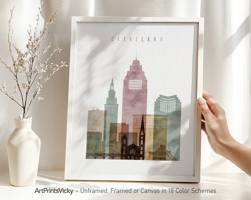 Art print featuring a stylized cityscape of Cleveland with notable buildings in soft colors.