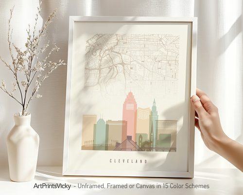 Art print of a map of Cleveland featuring a skyline silhouette and street layout.