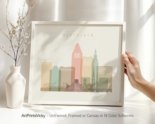 Framed artwork depicting a stylized cityscape of Cleveland with various buildings in pastel colors.