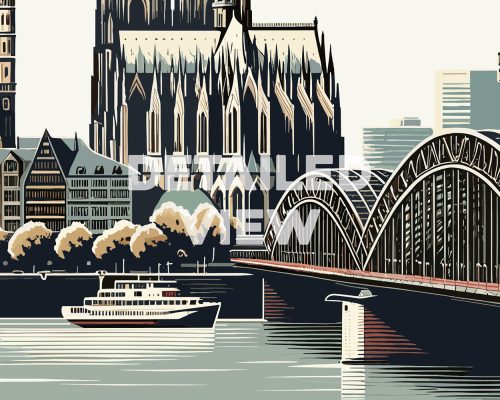 Illustration of Cologne featuring the cathedral, buildings, and a boat on the river.