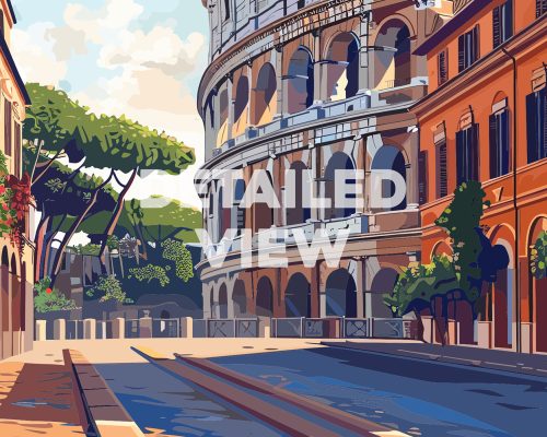Illustration of the Colosseum in Rome with surrounding buildings and trees.