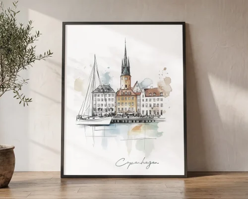Copenhagen Skyline Drawing — Watercolor Wall Art | ArtPrintsVicky