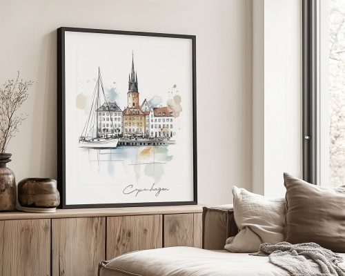Illustration of Copenhagen featuring buildings and a sailboat in a soft color palette.