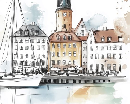 Illustration of Copenhagen buildings with a clock tower and a boat in the foreground.