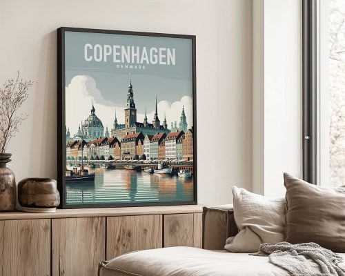 Art print featuring a cityscape of Copenhagen with buildings and water reflections.