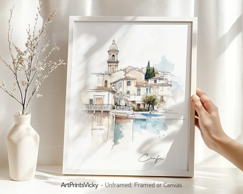 Alternative view of Corfu Greece Drawing Watercolor Wall Art Print