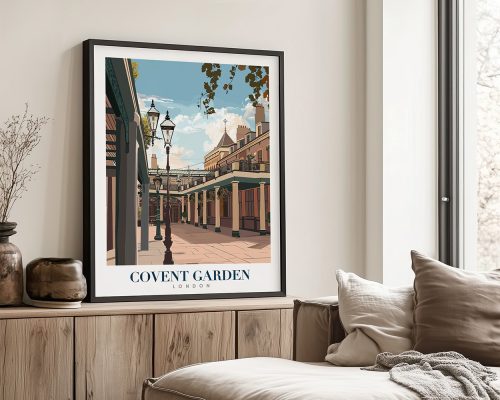 Framed print of Covent Garden in London featuring buildings and street lamps.