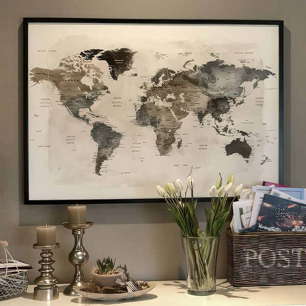 Framed world map artwork displayed on a wall with decorative items below.