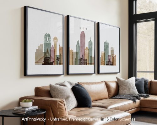 Dallas 3 Piece Framed Wall Art Skyline Set | ArtPrintsVicky