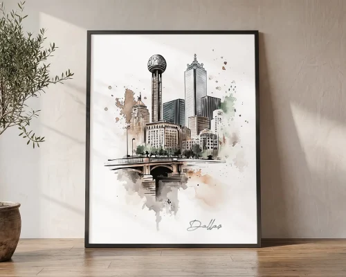 Dallas Skyline Drawing Print — Watercolor Wall Art | ArtPrintsVicky