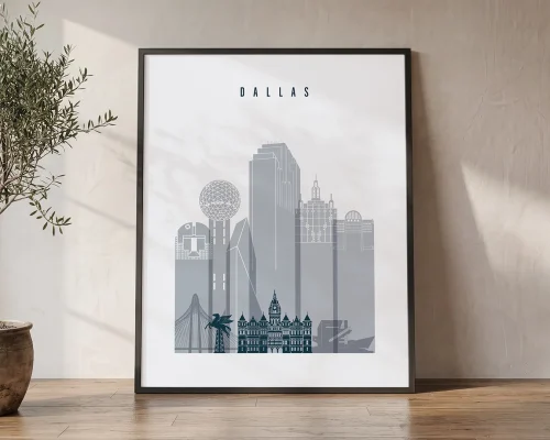 Dallas Skyline Wall Art Grey Blue Print | ArtPrintsVicky