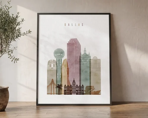 Dallas Skyline Wall Art Watercolor Print | ArtPrintsVicky