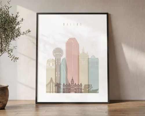 Dallas Wall Art Skyline Print Pastel White | ArtPrintsVicky