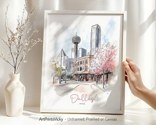Hand holding a framed art print of Dallas in watercolor drawing with soft pastel tones.