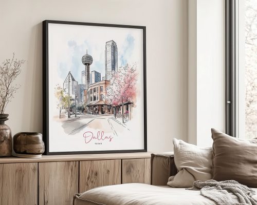 A black framed art print of Dallas in watercolor drawing with soft pastel tones.