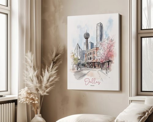 A Canvas art print of Dallas in watercolor drawing with soft pastel tones.