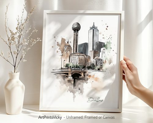 Artistic illustration of Dallas skyline featuring notable buildings and a bridge.