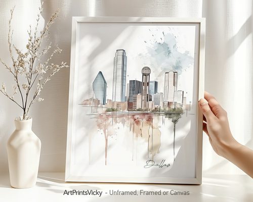 Artistic depiction of the Dallas city skyline in a framed print with watercolor effects.