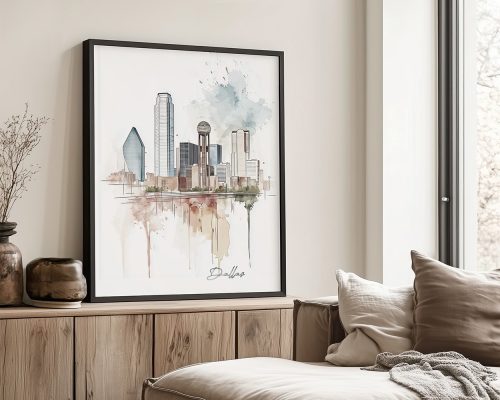 Artistic representation of the Dallas city skyline with watercolor elements and a framed design.