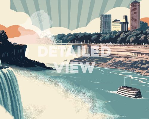 Illustration of Niagara Falls with a boat on the water and buildings in the background.