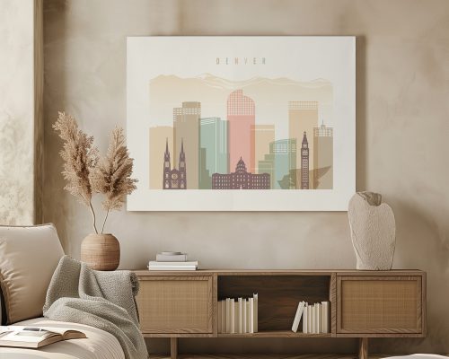 Illustration of Denver city skyline with mountains in the background and various buildings.