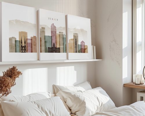 Three framed art prints of a Denver cityscape displayed on a shelf above a bed.