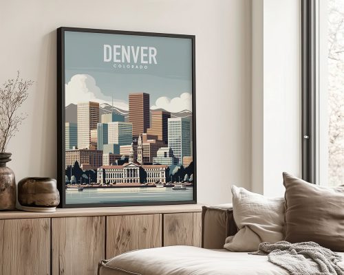 Framed print of Denver, Colorado featuring a stylized city skyline with mountains in the background.