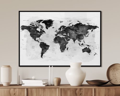 Black and white world map print featuring country names and borders in a minimalist design.