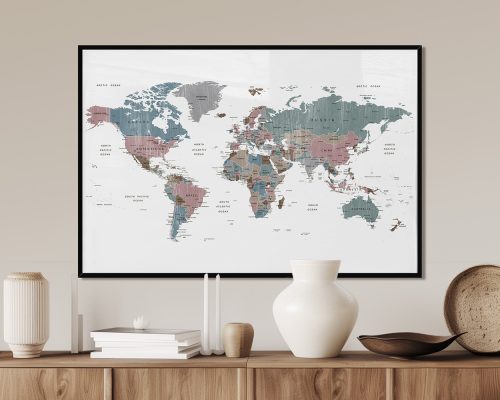 World map featuring a distressed color palette with various countries labeled.