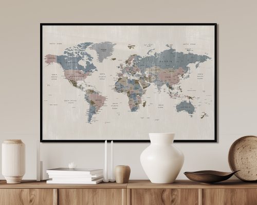 World map featuring various countries in muted colors on a textured background.