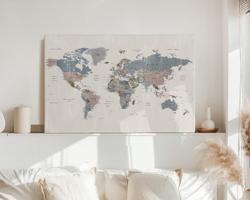 World map artwork displayed on a wall with muted colors and country labels.