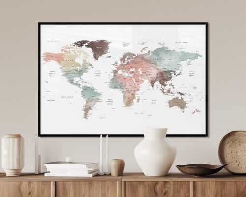 World map artwork in pastel colors displayed in a framed format.