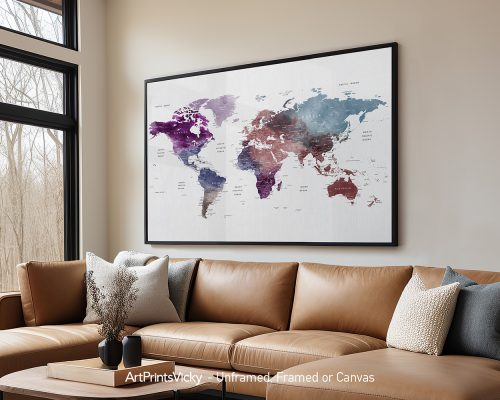 World map featuring shades of purple and blue displayed in a framed format on a wall.