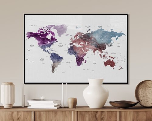 World map featuring purple and blue tones with country names labeled clearly.