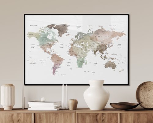 World map featuring soft pastel colors and labeled countries in a framed display.
