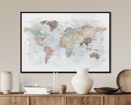 World map illustrated in soft pastel colors with country names and borders visible.