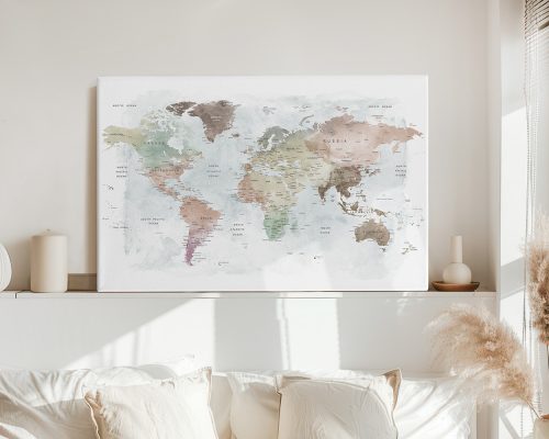World map featuring soft pastel colors and labeled countries displayed on a wall.