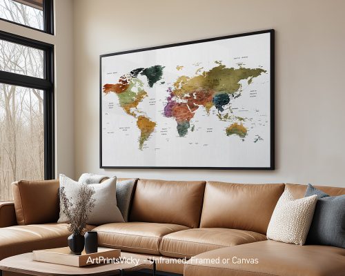 World map artwork featuring various colors representing different countries and regions.