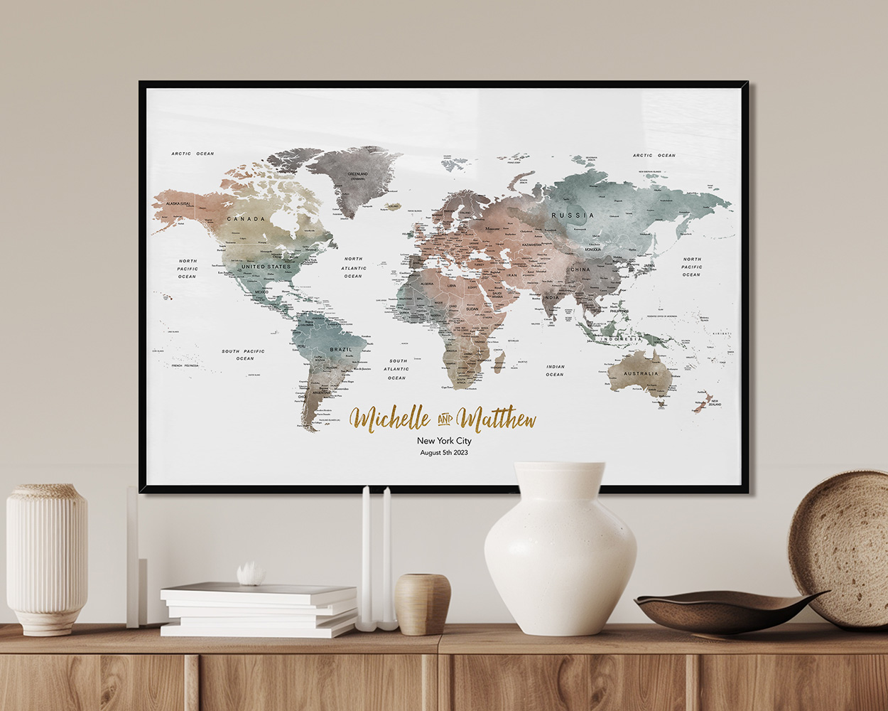 Custom world map print featuring names and date in elegant typography on a neutral background.
