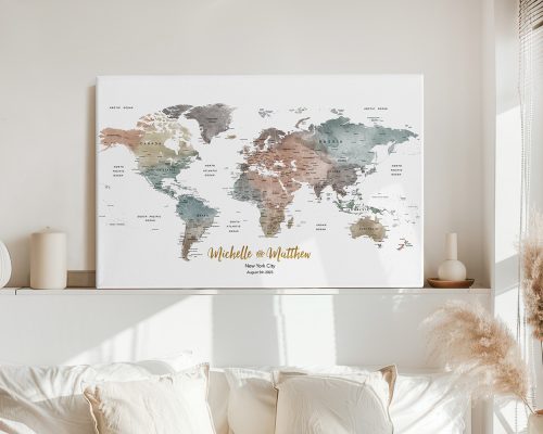 World map featuring muted colors and custom text for Michelle and Matthew in New York City.